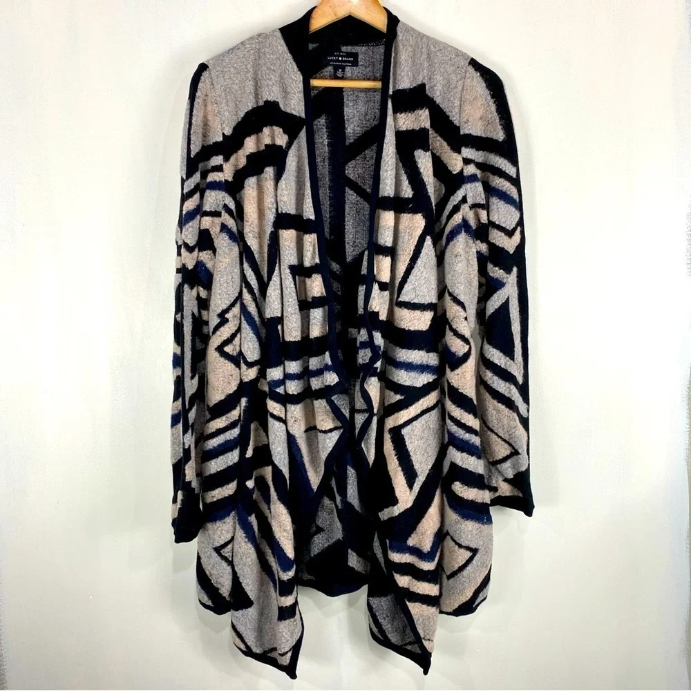 Lucky Brand BOHO Abstract Print Waterfall Drapey Open Front Soft Cardigan Medium